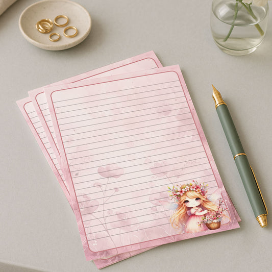 10-pack Brevpapper - Fé med Rosa Vårblommor - Tryckt A5 Papper - WP509
