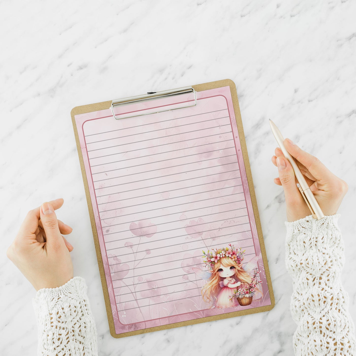 10-pack Brevpapper - Fé med Rosa Vårblommor - Tryckt A5 Papper - WP509