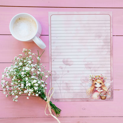 10-pack Brevpapper - Fé med Rosa Vårblommor - Tryckt A5 Papper - WP509