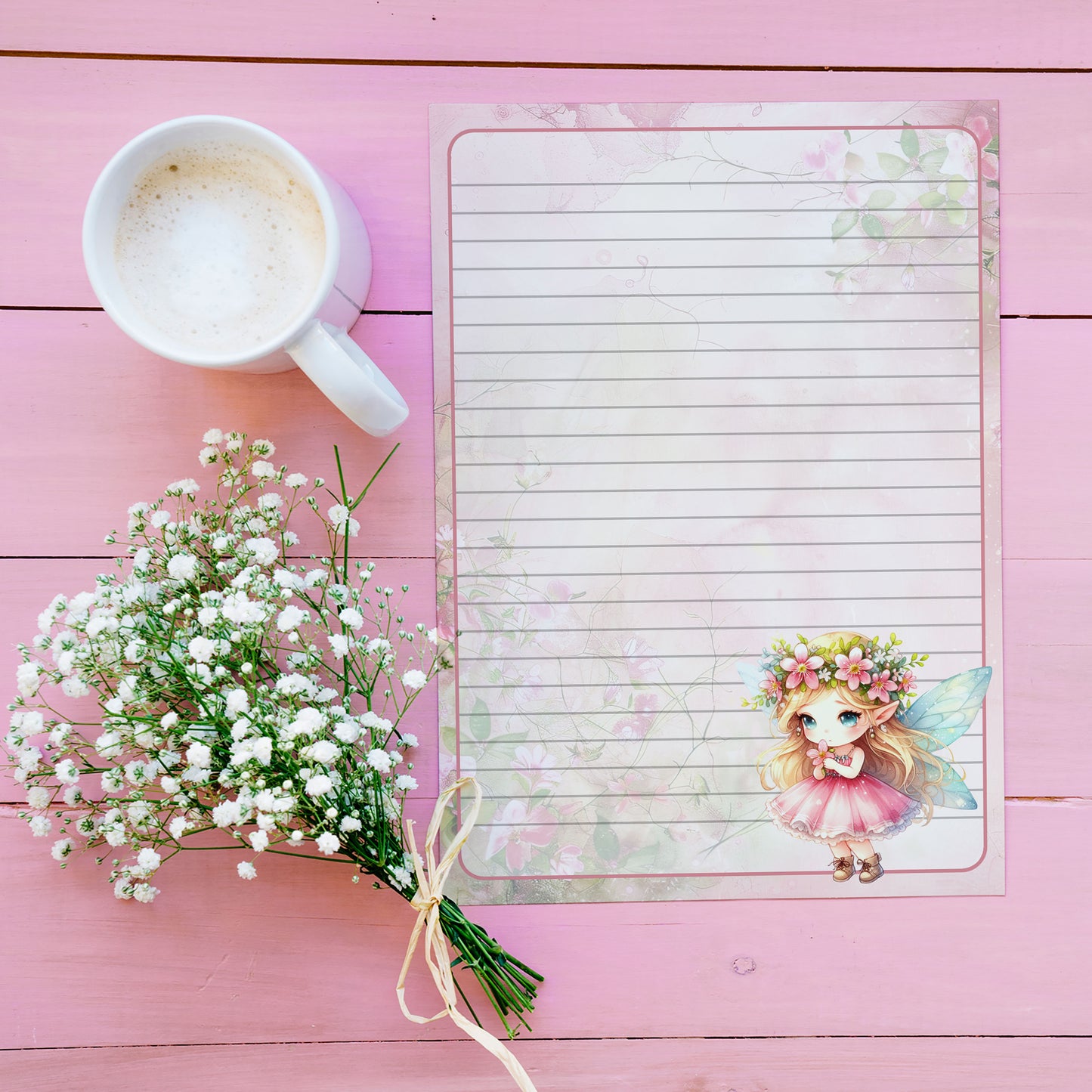 10-pack Brevpapper - Rosa Grön Skogsfé - Tryckt A5 Papper - WP511