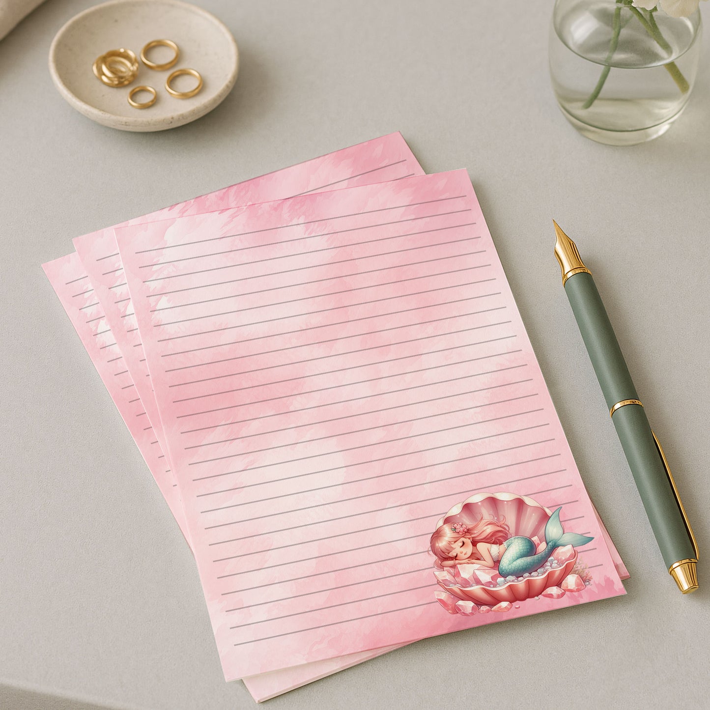 10-pack Brevpapper - Sovande Sjöjungfru - Tryckt A5 Papper - WP512