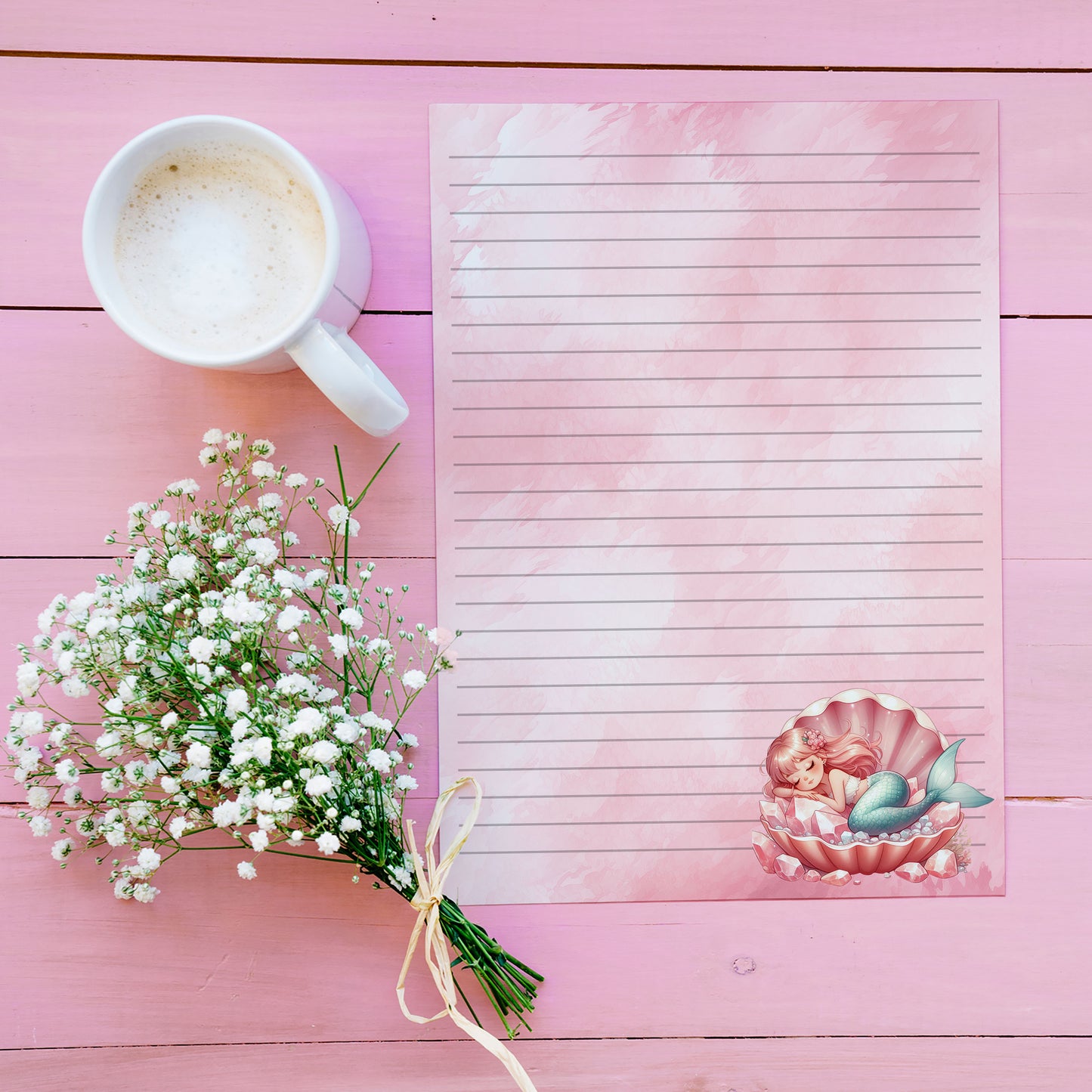 10-pack Brevpapper - Sovande Sjöjungfru - Tryckt A5 Papper - WP512