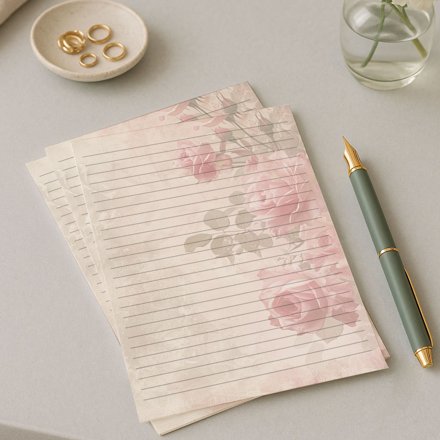 10-pack Brevpapper - Rosa & Beige - Blommor - Tryckt A5 Papper - WP513