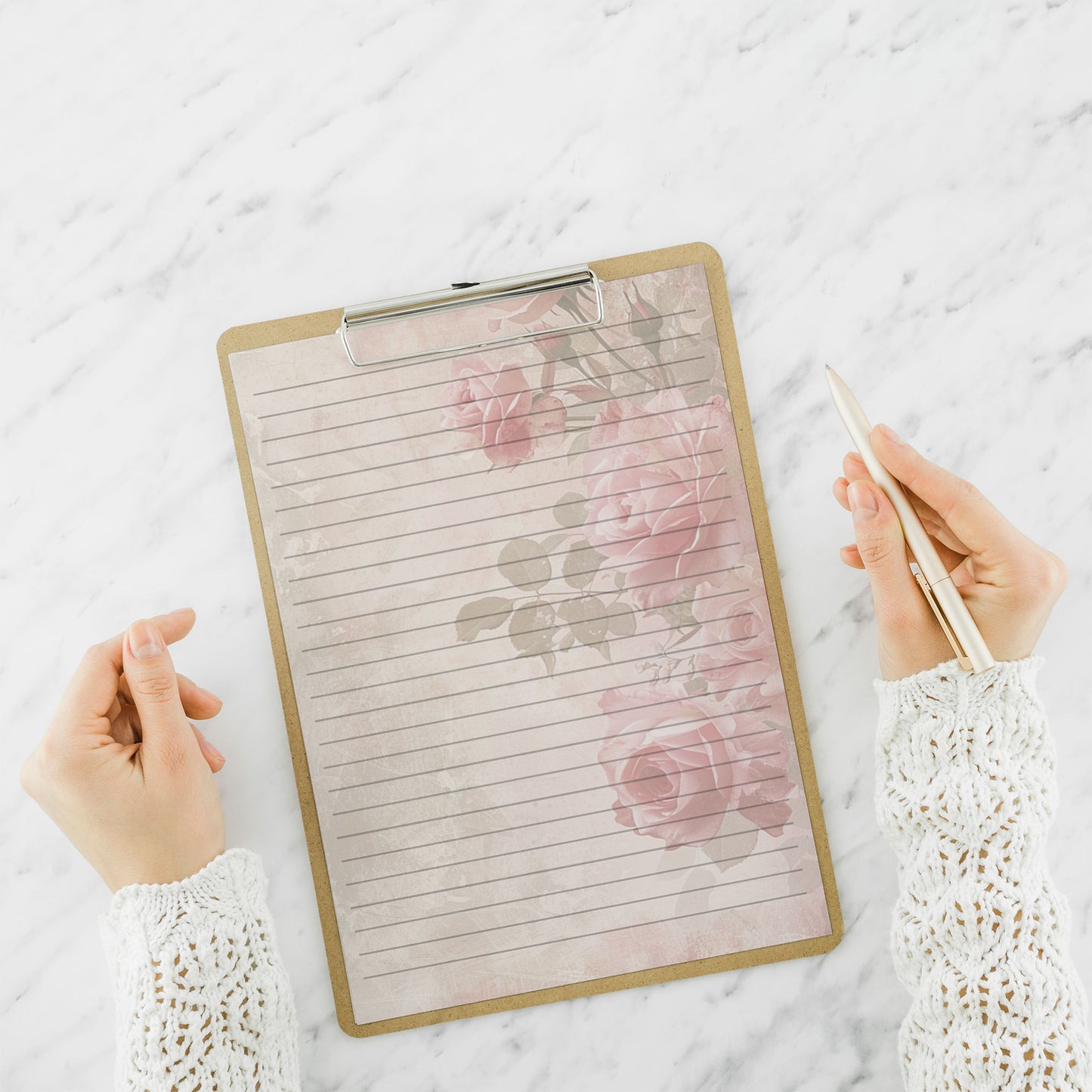 10-pack Brevpapper - Rosa & Beige - Blommor - Tryckt A5 Papper - WP513