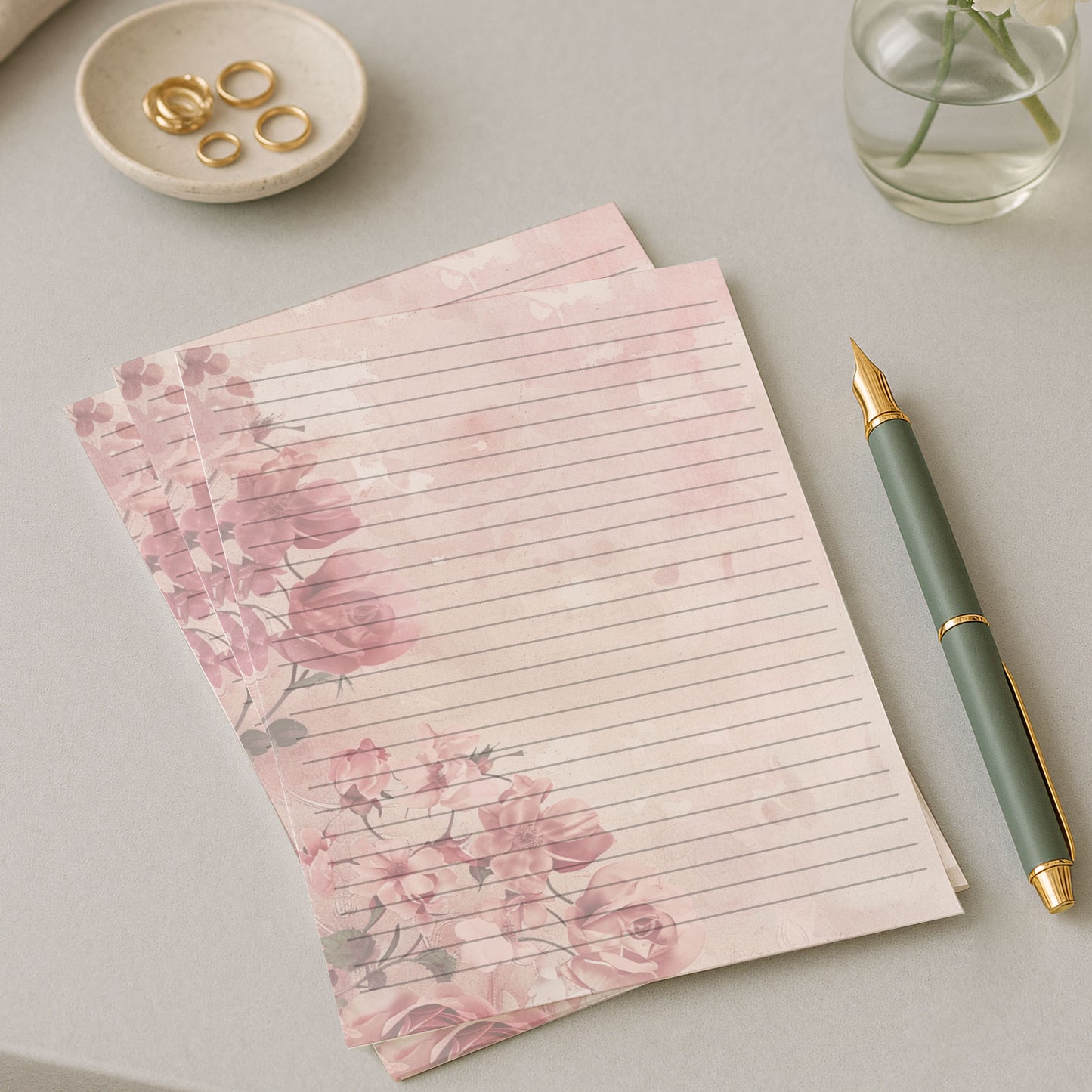 10-pack Brevpapper - Rosa Blommor - Tryckt A5 Papper - WP514