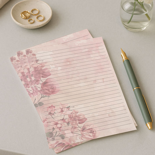 10-pack Brevpapper - Rosa Blommor - Tryckt A5 Papper - WP514