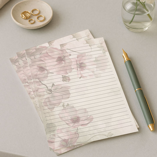 10-pack Brevpapper - Rosa & Beige - Blommor - Tryckt A5 Papper - WP515