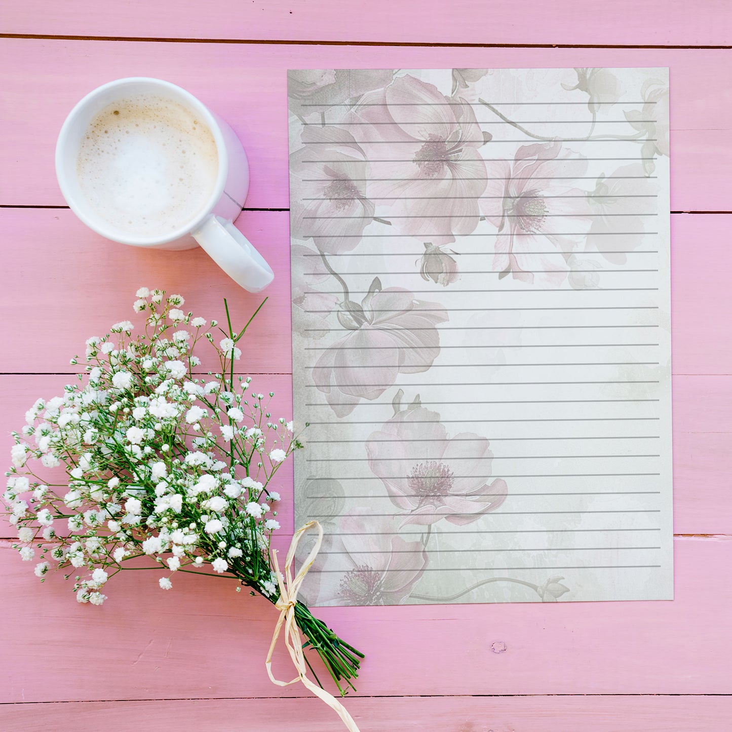 10-pack Brevpapper - Rosa & Beige - Blommor - Tryckt A5 Papper - WP515