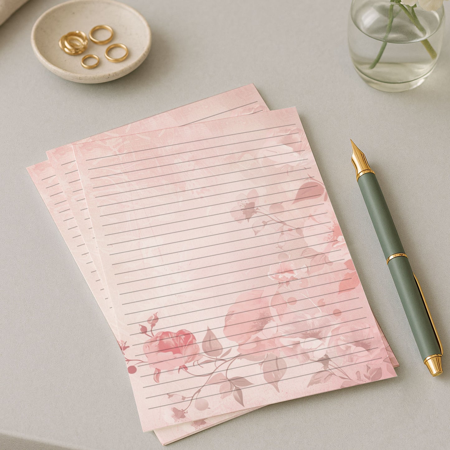 10-pack Brevpapper - Rosa Blommor - Tryckt A5 Papper - WP516