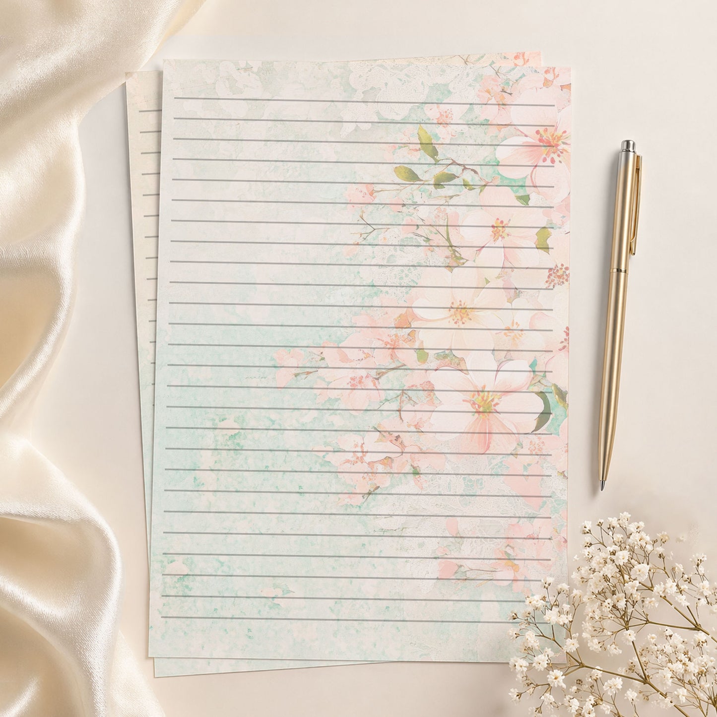 10-pack Brevpapper - Pink Mint Blossoms - Tryckt A5 Papper - WP532