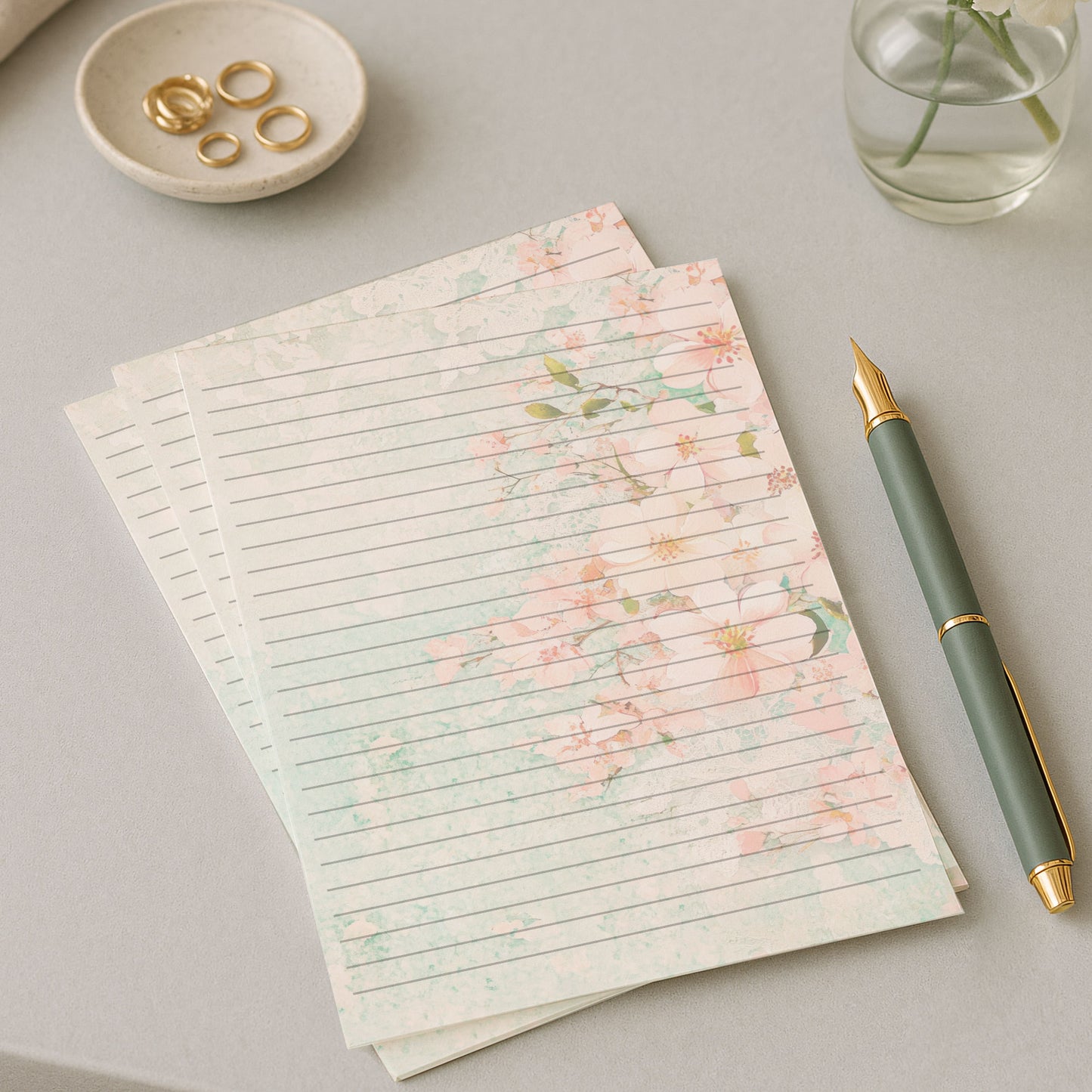 10-pack Brevpapper - Pink Mint Blossoms - Tryckt A5 Papper - WP532