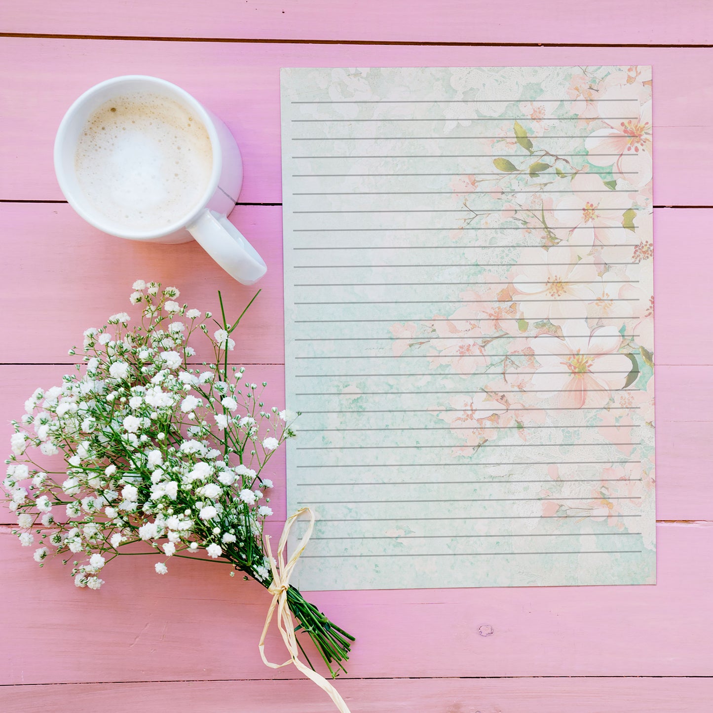 10-pack Brevpapper - Pink Mint Blossoms - Tryckt A5 Papper - WP532
