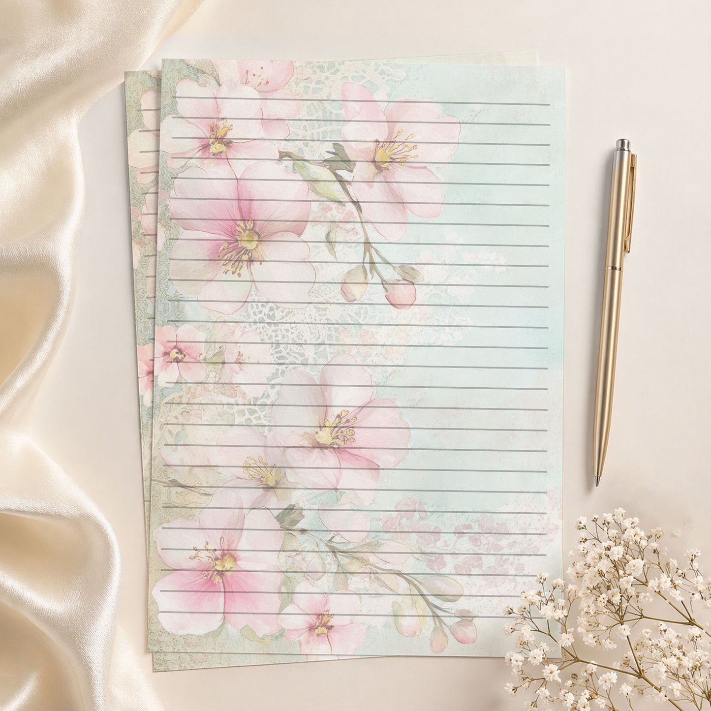 10-pack Brevpapper - Pink Mint Blossoms - Tryckt A5 Papper - WP533