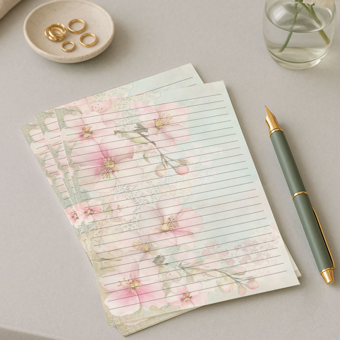10-pack Brevpapper - Pink Mint Blossoms - Tryckt A5 Papper - WP533