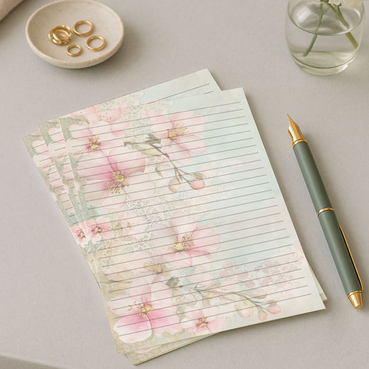 10-pack Brevpapper - Pink Mint Blossoms - Tryckt A5 Papper - WP533