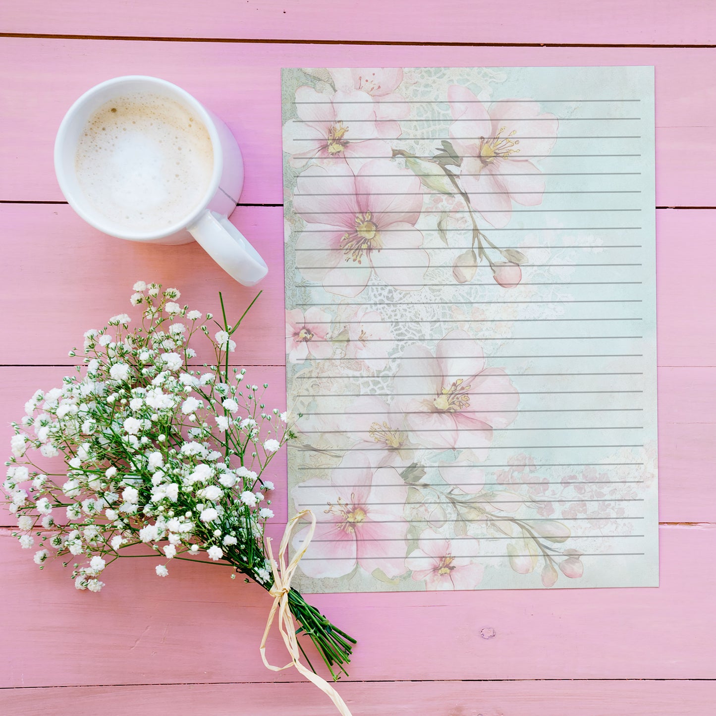 10-pack Brevpapper - Pink Mint Blossoms - Tryckt A5 Papper - WP533