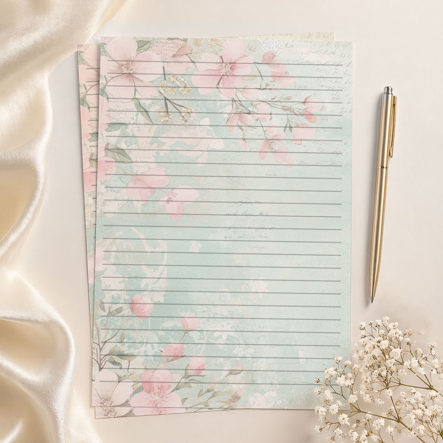 10-pack Brevpapper - Pink Mint Blossoms - Tryckt A5 Papper - WP534