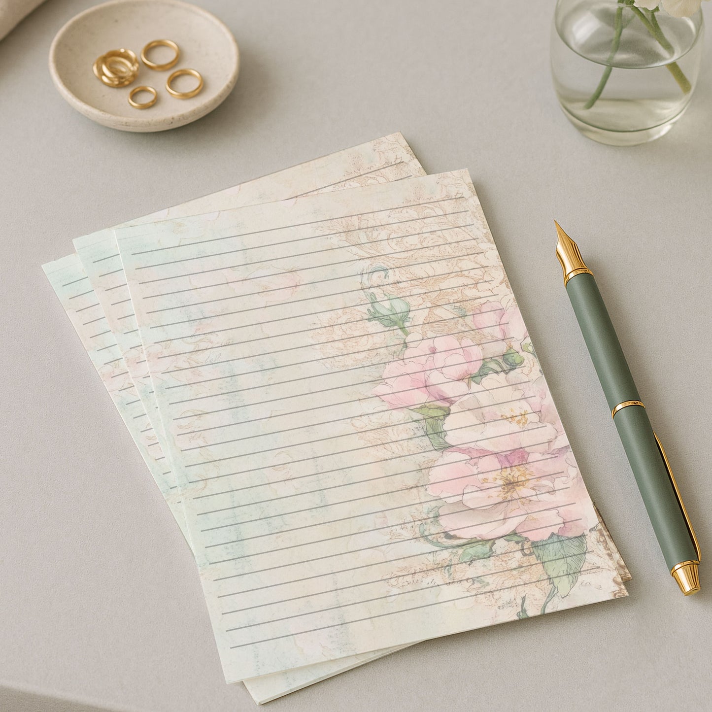 10-pack Brevpapper - Pink Mint Blossoms - Tryckt A5 Papper - WP535