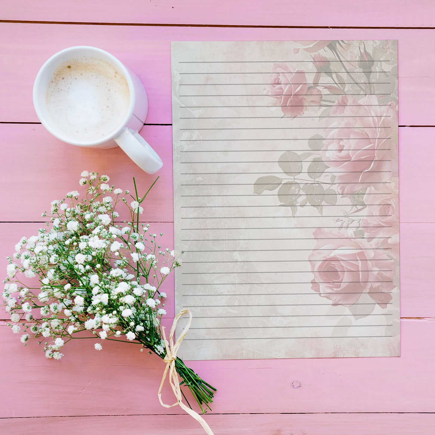 10-pack Brevpapper - Rosa & Beige - Blommor - Tryckt A5 Papper - WP513