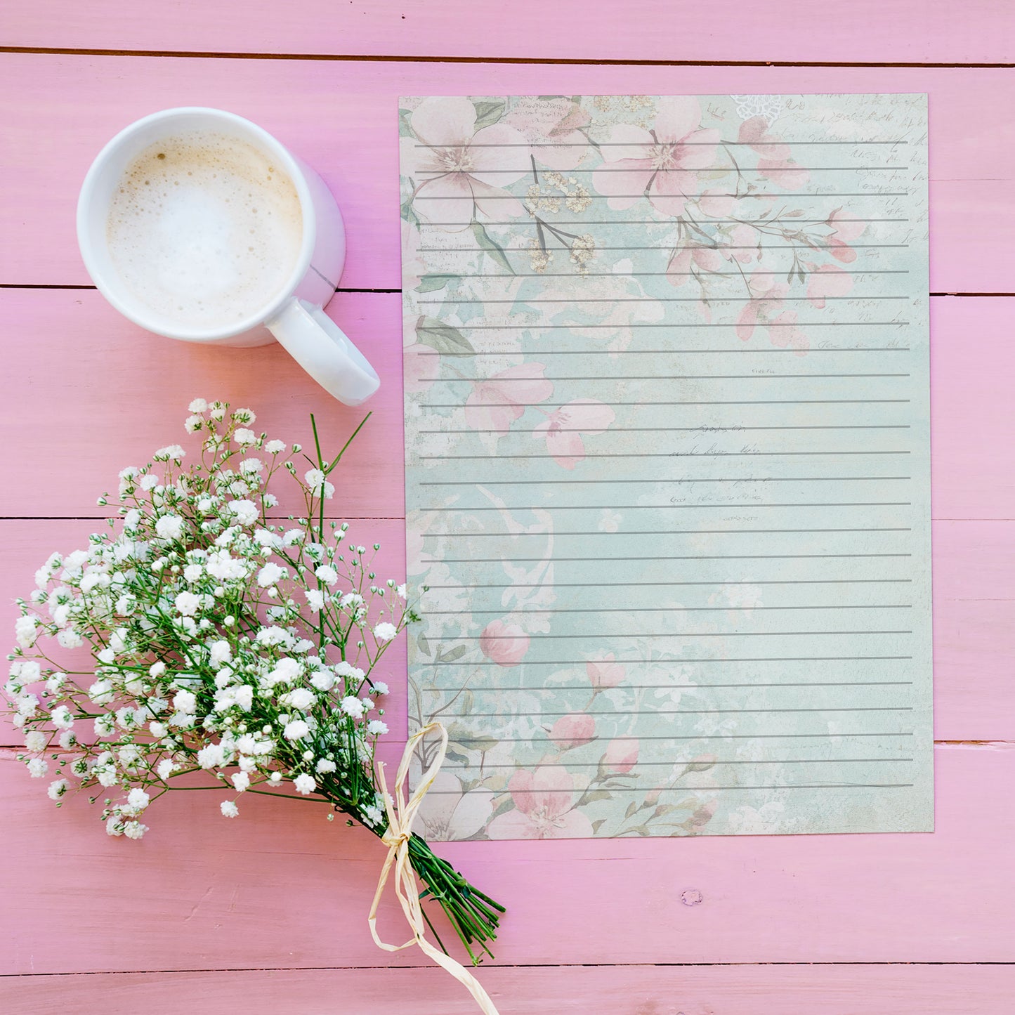 10-pack Brevpapper - Pink Mint Blossoms - Tryckt A5 Papper - WP534