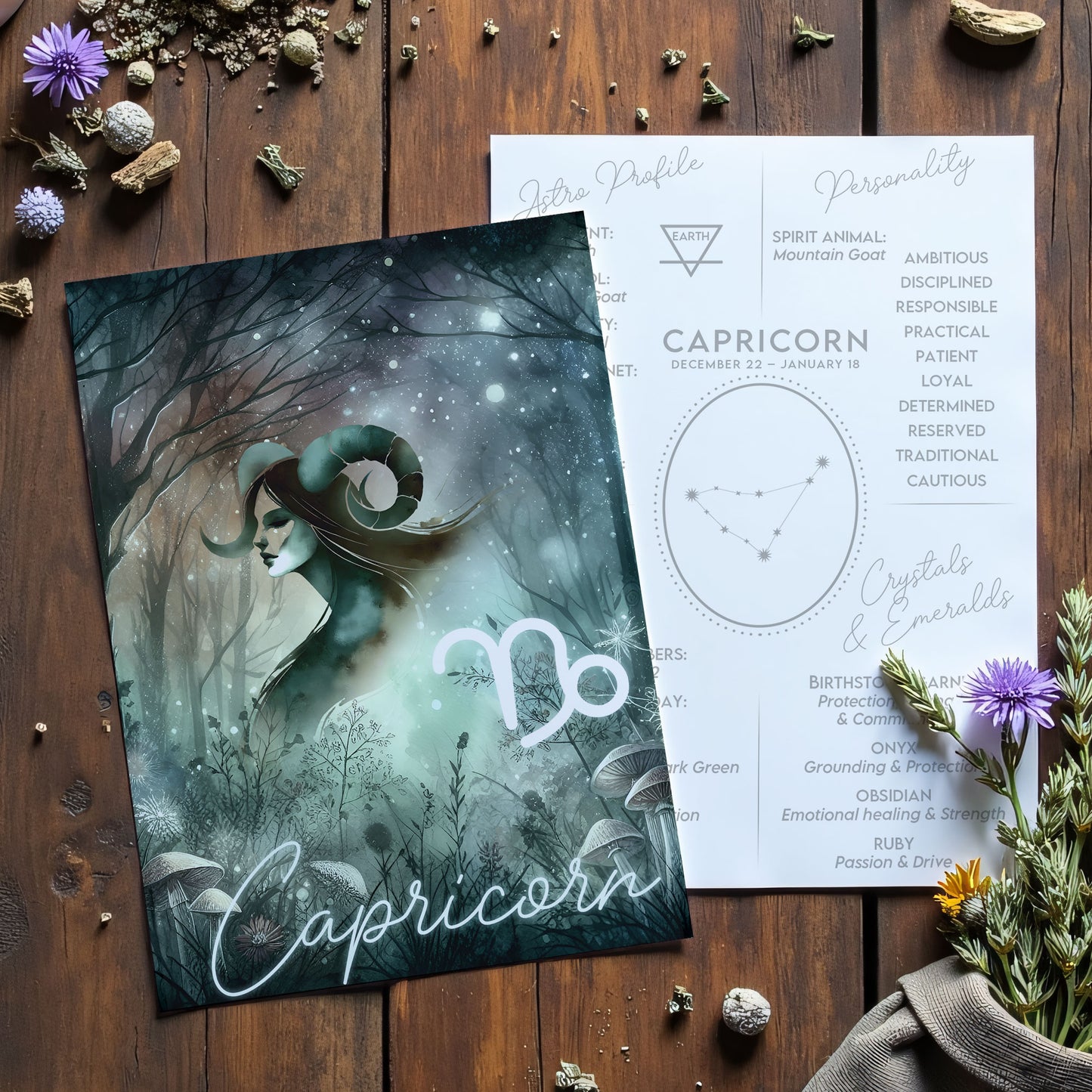 Stenbocken – Stjärnteckenkort med stjärnbild & kristaller – Astrologiskt A6-kort för journaling eller gåva – ZC420