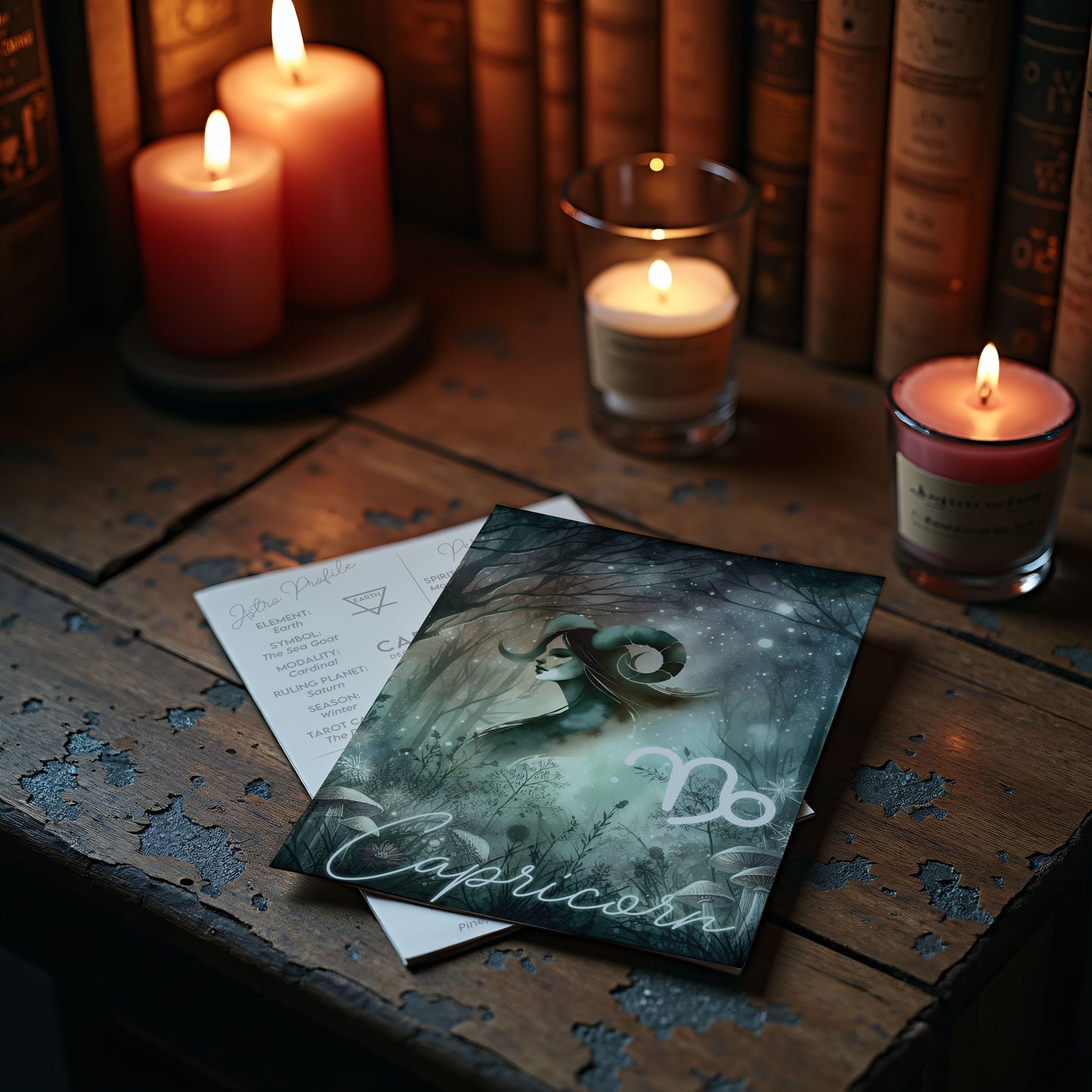 Stenbocken – Stjärnteckenkort med stjärnbild & kristaller – Astrologiskt A6-kort för journaling eller gåva – ZC420