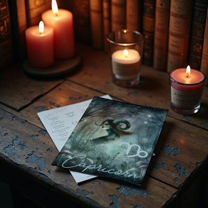 Stenbocken – Stjärnteckenkort med stjärnbild & kristaller – Astrologiskt A6-kort för journaling eller gåva – ZC420