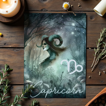 Stenbocken – Stjärnteckenkort med stjärnbild & kristaller – Astrologiskt A6-kort för journaling eller gåva – ZC420