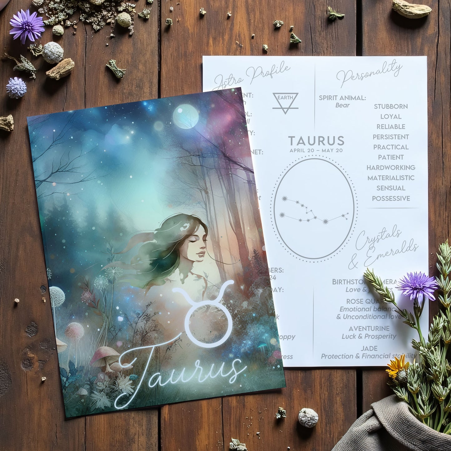 Oxen – Stjärnteckenkort med stjärnbild & kristaller – Astrologiskt A6-kort för journaling eller gåva – ZC421