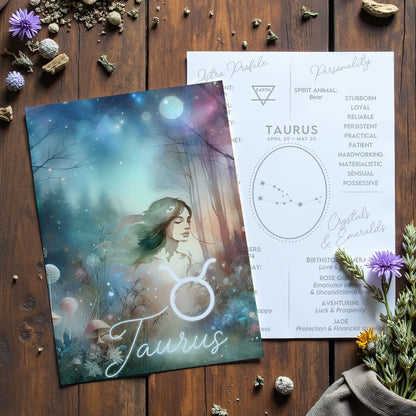 Oxen – Stjärnteckenkort med stjärnbild & kristaller – Astrologiskt A6-kort för journaling eller gåva – ZC421