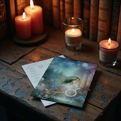 Oxen – Stjärnteckenkort med stjärnbild & kristaller – Astrologiskt A6-kort för journaling eller gåva – ZC421