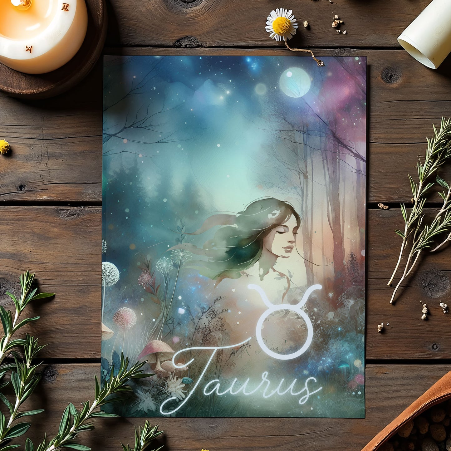 Oxen – Stjärnteckenkort med stjärnbild & kristaller – Astrologiskt A6-kort för journaling eller gåva – ZC421