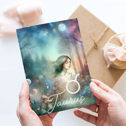 Oxen – Stjärnteckenkort med stjärnbild & kristaller – Astrologiskt A6-kort för journaling eller gåva – ZC421