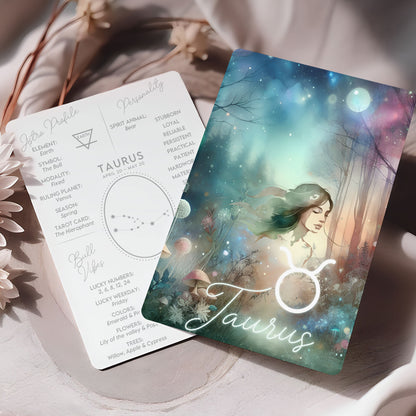 Oxen – Stjärnteckenkort med stjärnbild & kristaller – Astrologiskt A6-kort för journaling eller gåva – ZC421