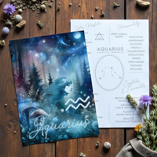 Vattumannen – Stjärnteckenkort med stjärnbild & kristaller – Astrologiskt A6-kort för journaling eller gåva – ZC422