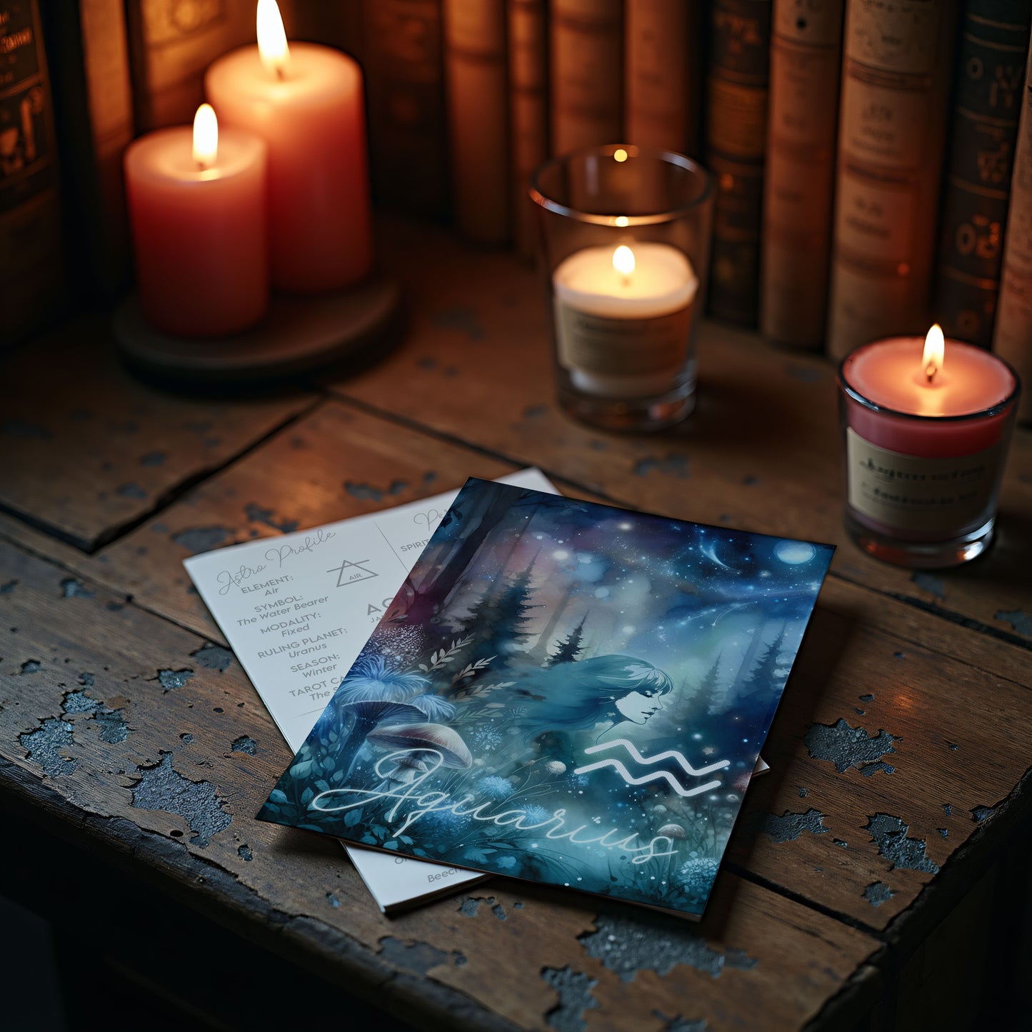 Vattumannen – Stjärnteckenkort med stjärnbild & kristaller – Astrologiskt A6-kort för journaling eller gåva – ZC422