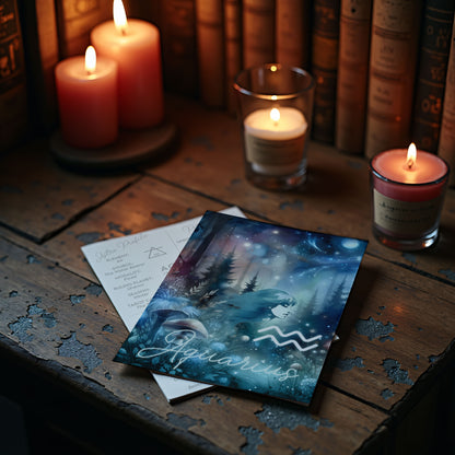 Vattumannen – Stjärnteckenkort med stjärnbild & kristaller – Astrologiskt A6-kort för journaling eller gåva – ZC422