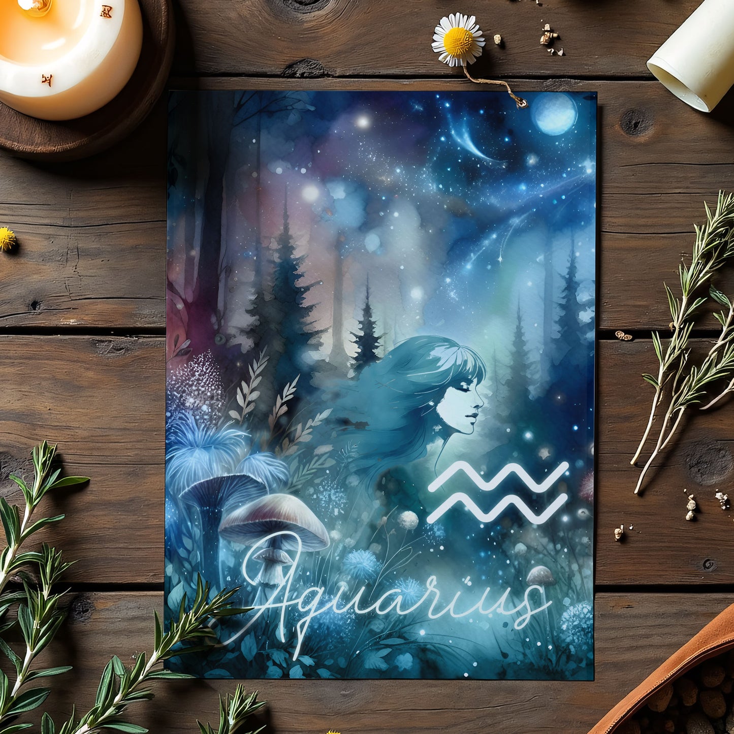 Vattumannen – Stjärnteckenkort med stjärnbild & kristaller – Astrologiskt A6-kort för journaling eller gåva – ZC422