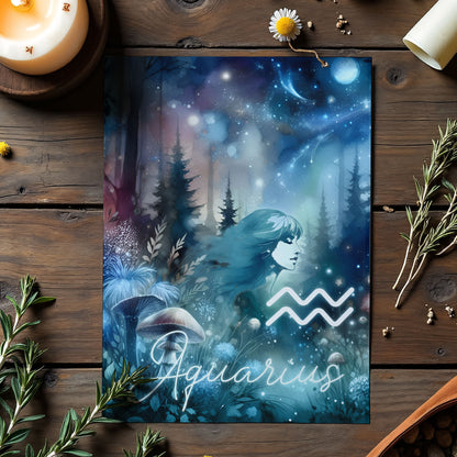 Vattumannen – Stjärnteckenkort med stjärnbild & kristaller – Astrologiskt A6-kort för journaling eller gåva – ZC422