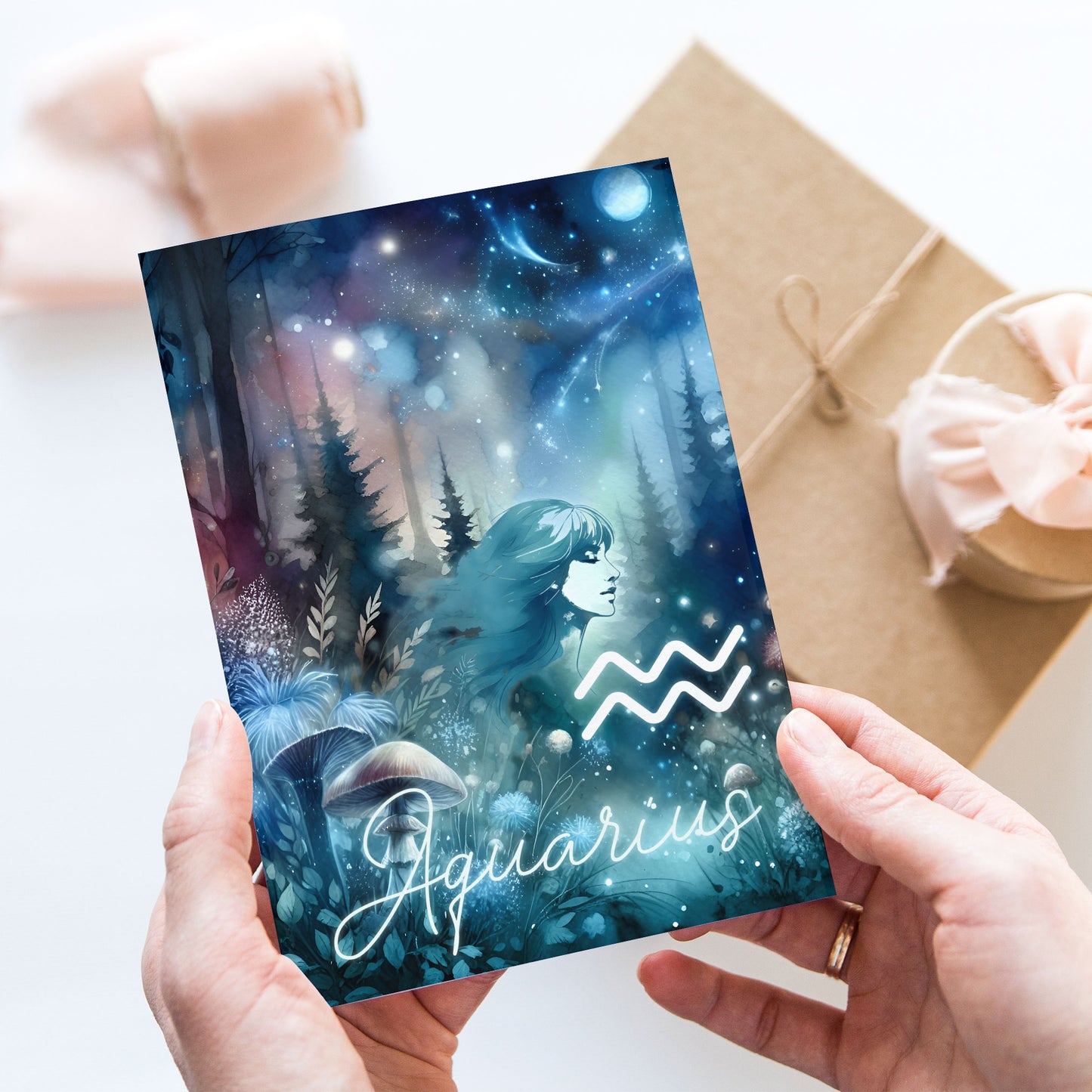 Vattumannen – Stjärnteckenkort med stjärnbild & kristaller – Astrologiskt A6-kort för journaling eller gåva – ZC422
