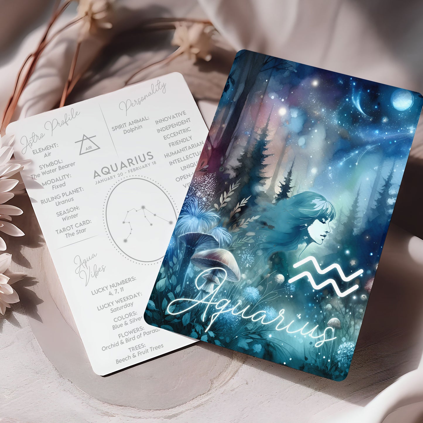 Vattumannen – Stjärnteckenkort med stjärnbild & kristaller – Astrologiskt A6-kort för journaling eller gåva – ZC422