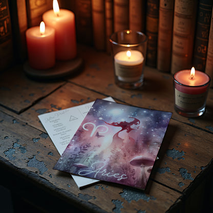 Väduren – Stjärnteckenkort med stjärnbild & kristaller – Astrologiskt A6-kort för journaling eller gåva – ZC423