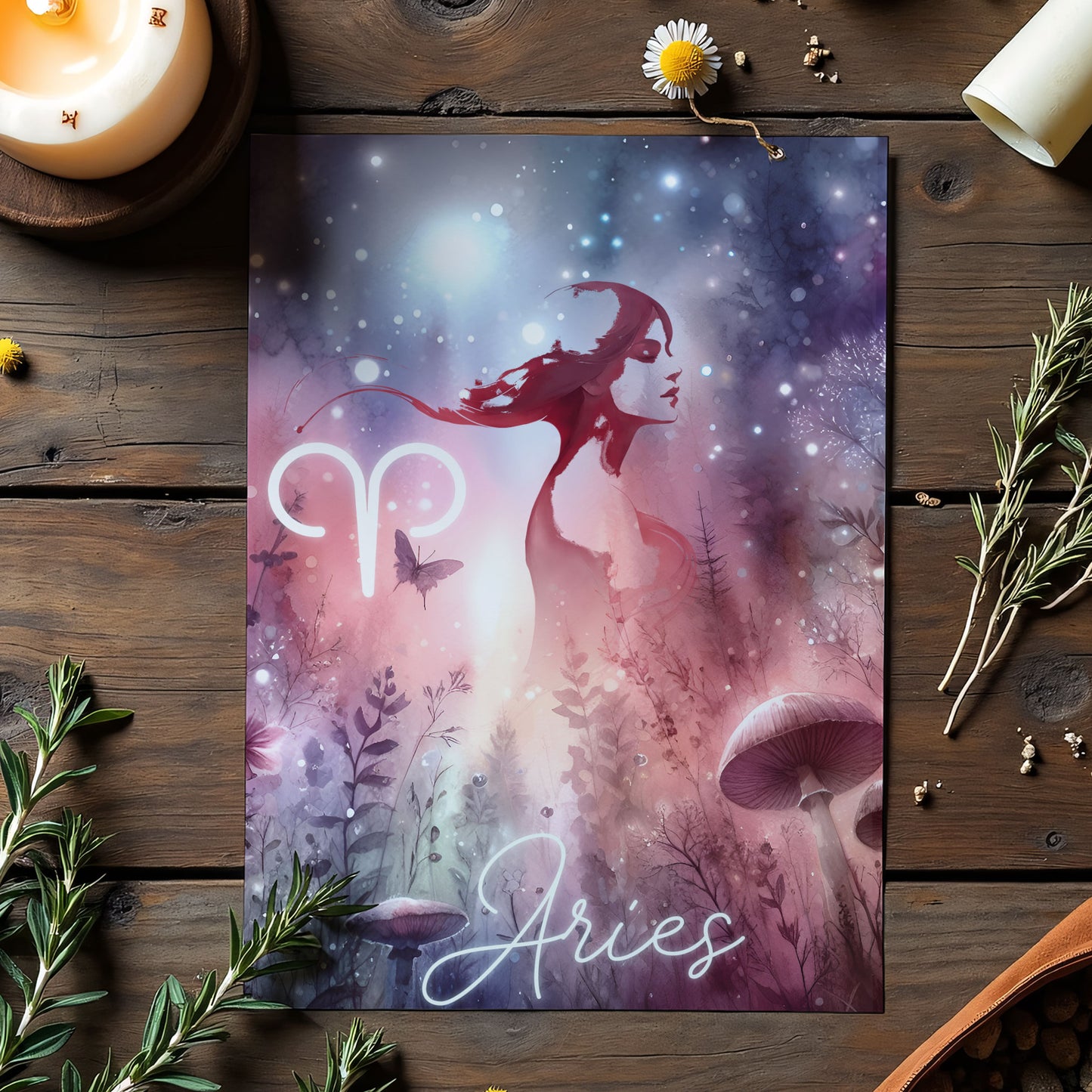 Väduren – Stjärnteckenkort med stjärnbild & kristaller – Astrologiskt A6-kort för journaling eller gåva – ZC423