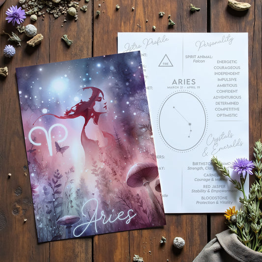 Väduren – Stjärnteckenkort med stjärnbild & kristaller – Astrologiskt A6-kort för journaling eller gåva – ZC423