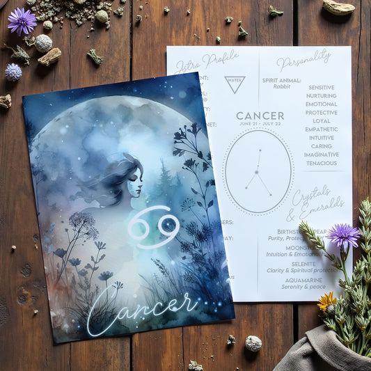 Kräftan – Stjärnteckenkort med stjärnbild & kristaller – Astrologiskt A6-kort för journaling eller gåva – ZC424