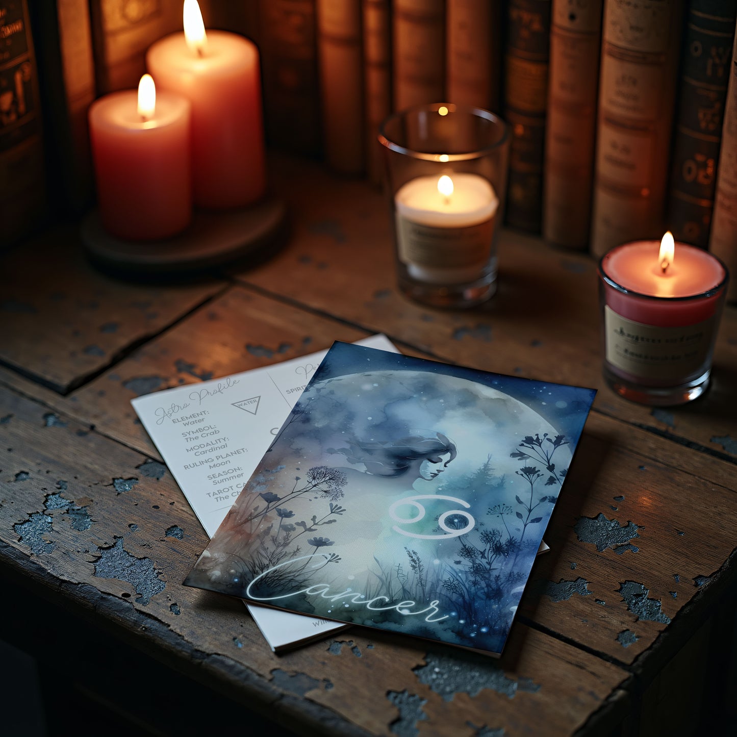 Kräftan – Stjärnteckenkort med stjärnbild & kristaller – Astrologiskt A6-kort för journaling eller gåva – ZC424