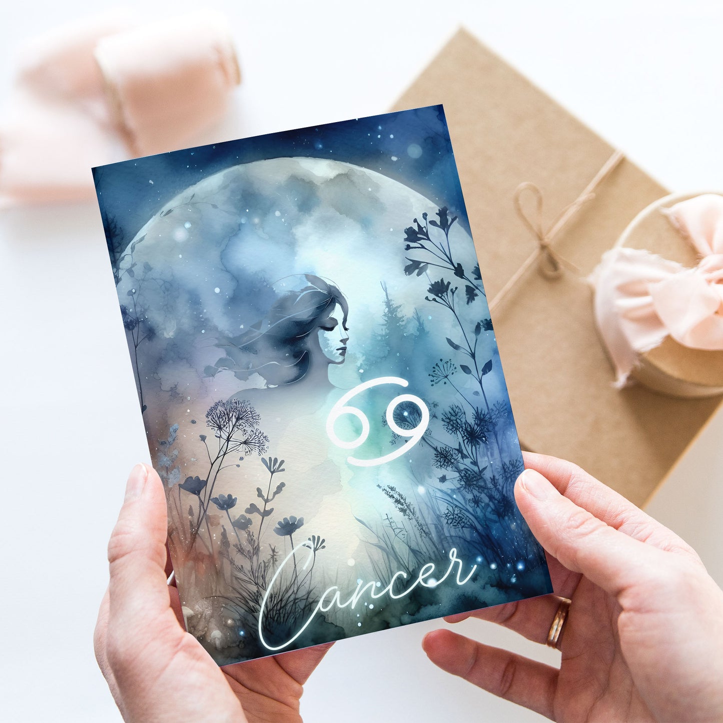 Kräftan – Stjärnteckenkort med stjärnbild & kristaller – Astrologiskt A6-kort för journaling eller gåva – ZC424