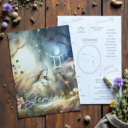 Tvillingarna – Stjärnteckenkort med stjärnbild & kristaller – Astrologiskt A6-kort för journaling eller gåva – ZC425