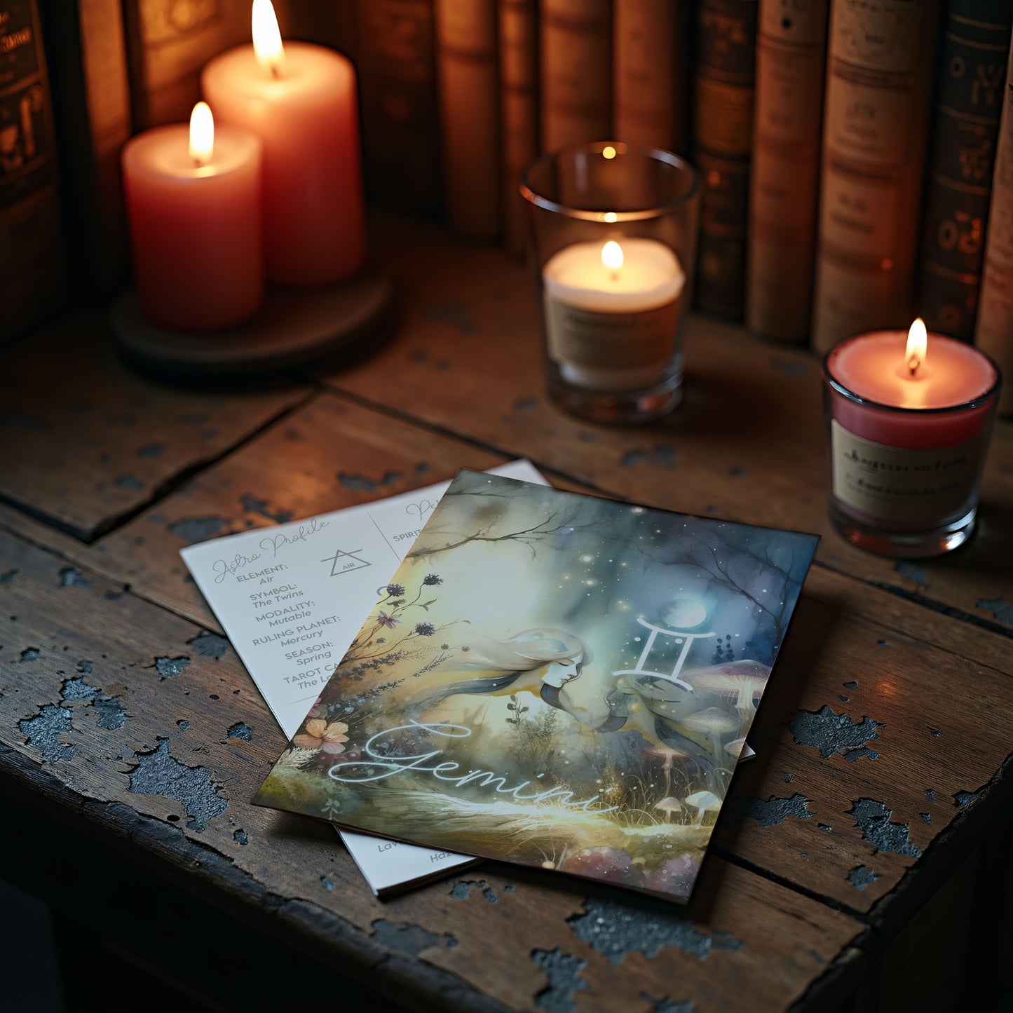 Tvillingarna – Stjärnteckenkort med stjärnbild & kristaller – Astrologiskt A6-kort för journaling eller gåva – ZC425