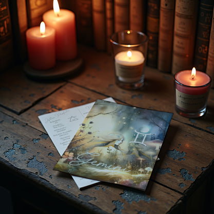 Tvillingarna – Stjärnteckenkort med stjärnbild & kristaller – Astrologiskt A6-kort för journaling eller gåva – ZC425